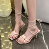Fashion Women's High Heels Summer New Style Square Head Open Toe Flower Thin Strap Strap Anti-slip Wear-resistant High Heels