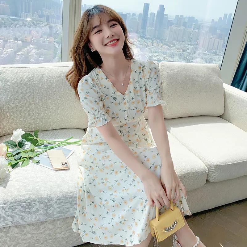 Шифоновое платье с короткими рукавами и цветочным принтом для женщин, летнее платье трапециевидной формы с v-образным вырезом и v-образным вырезом в женском стиле