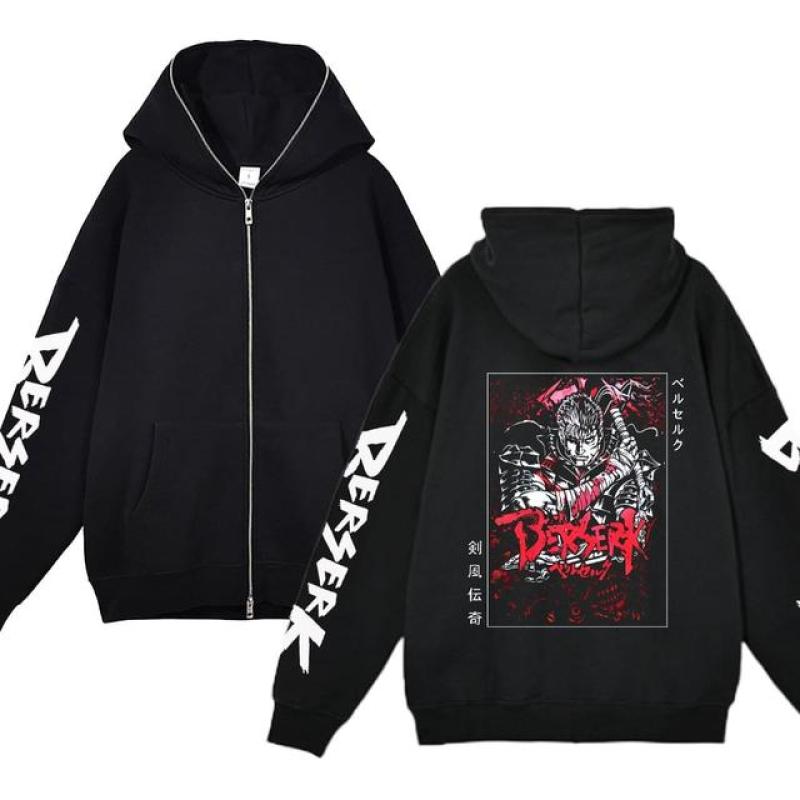 Куртки с капюшоном Berserk, толстовки с капюшоном на молнии в стиле аниме, повседневная флисовая толстовка большого размера, свободная уличная одежда в стиле хип-хоп, куртка на молнии, пальто