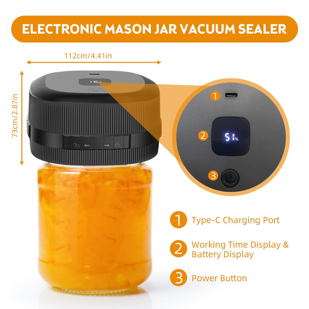 Electric Mason Jar Vacuum Sealer 60KPa Strong Suction Vacuum Sealing Machine Silent Rechargeable Portable Cordless Vacuum Sealer