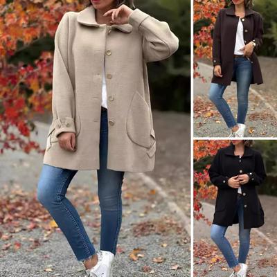 Осень-весна Женское пальто однобортное на пуговицах Свободный однотонный кардиган с отложным воротником Длинные рукава Куртка для свиданий и поездок на работу