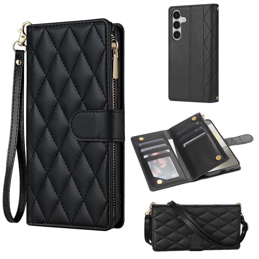For Samsung Galaxy S26+ Case Rhombus Stitching Leather Wallet Phone Cover with Long  /  Short Strap
