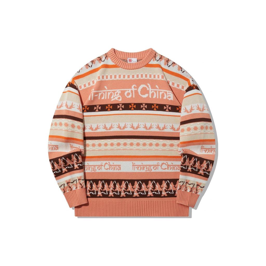 Li Ning All Over Letter Print Loose Fit Pullover Long Sleeve Knit Sweeper Unisex Sweeper Sunset-Orange AMBT129-2