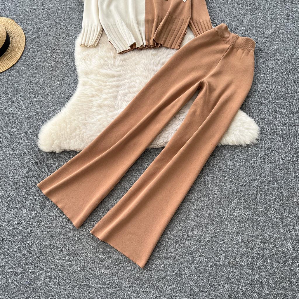 Autumn Winter Women Flower Pattern Knitted Sweater Trouser Two Piece Set O-neck Pullover Tops and Wide Leg Pant Tracksuit