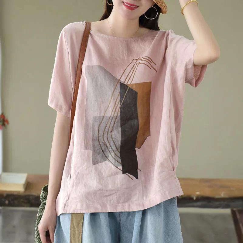 Женская футболка Летняя хлопковая футболка Мягкая Свободная С принтом Повседневная Большого размера Пуловер Футболка Топ