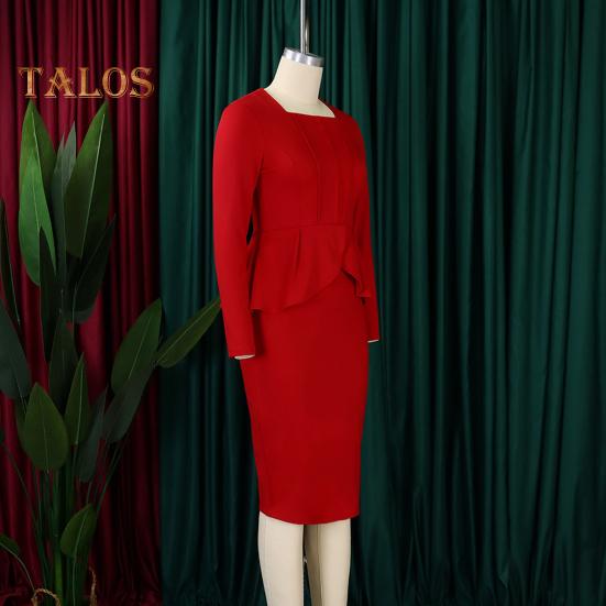 Женское деловое платье с квадратным вырезом и длинным рукавом, однотонное, с оборками, в стиле пэчворк, облегающее, OL, формальное платье миди для поездок на работу