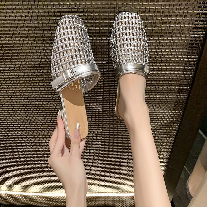 Мода 2025 Новая Натуральная Кожа Острый Носок Высокие Каблуки Сетка Каблуки Сандалии Повседневные Летние Серебристые Шлепанцы Платье Сандалии