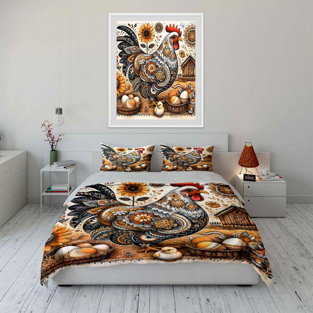 Vintage Farmhouse Rooster Art Bedding Duvet Cover Set  (1*Duvet Cover 2*Pillowcases, without duvet insert)