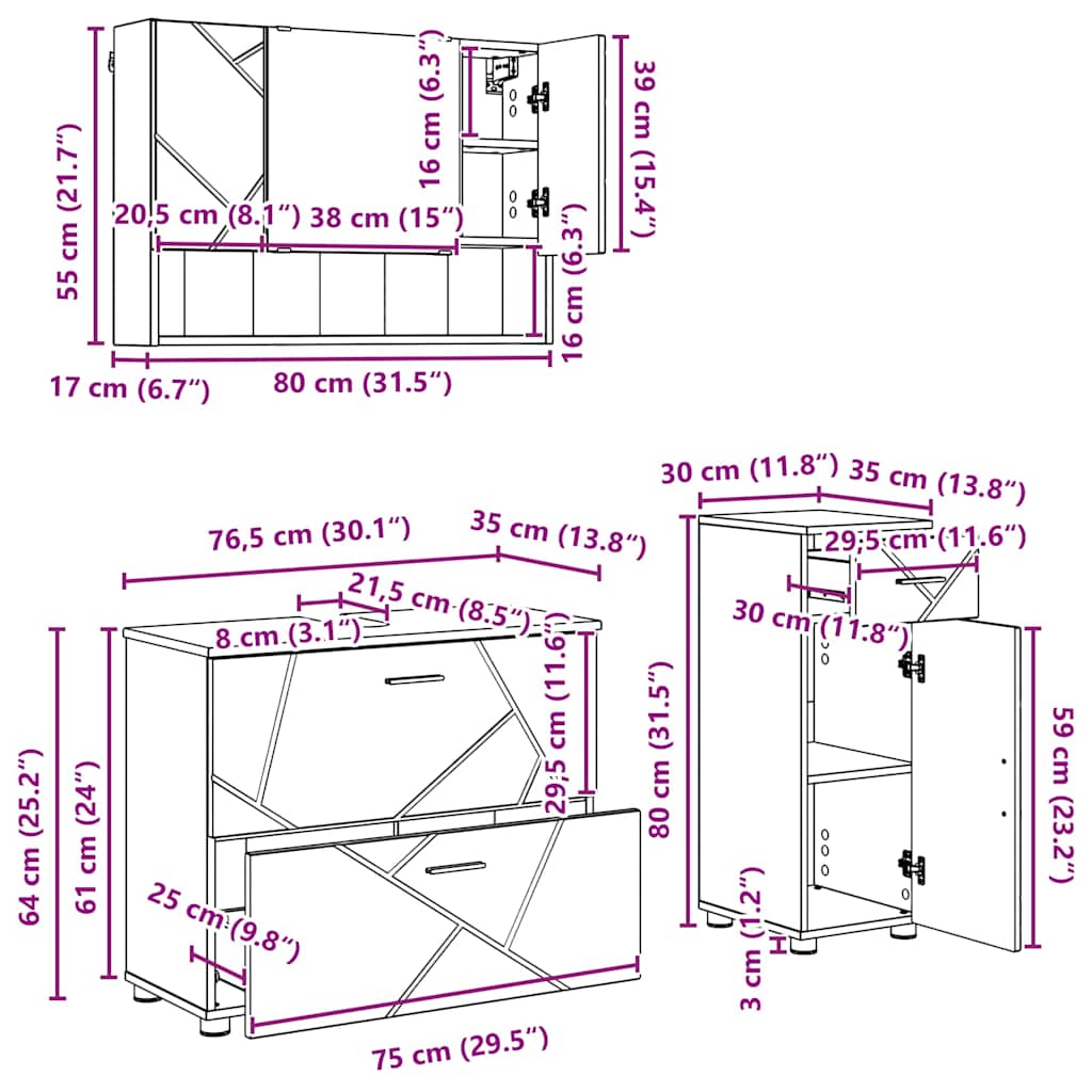 Bathroom Furniture Set with Shelf 3 pcs White Plywood and Metal