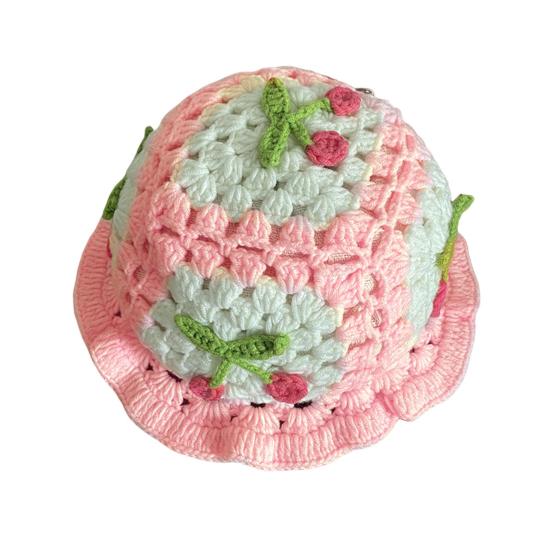 Мультяшная шерстяная шапка с аппликацией из вишни, вязаная шапка, детский головной убор цвета конфет, детская шляпа-ведро, детская вязаная шапка для фотосъемки, дни рождения, вечеринки на открытом воздухе, кепка