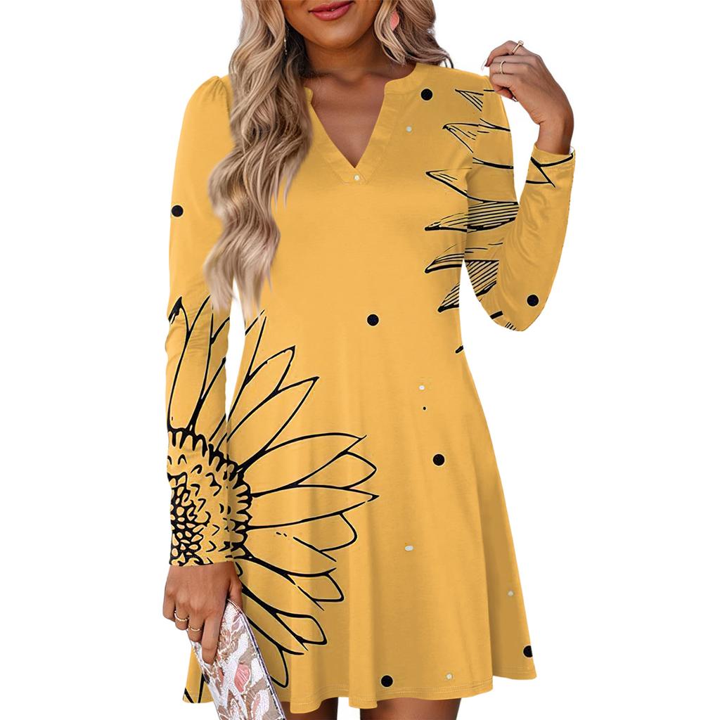 Women's Fashion Floral Print V-Neck Long Sleeve  Dress