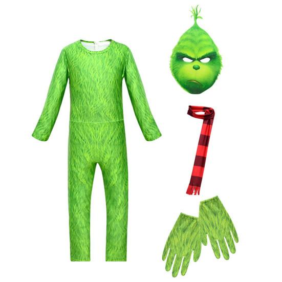 1 Set Children Halloween Jumpsuit Green Furry Animal Cosplay Costume Includes Masque Gloves Scarf Set Photo
