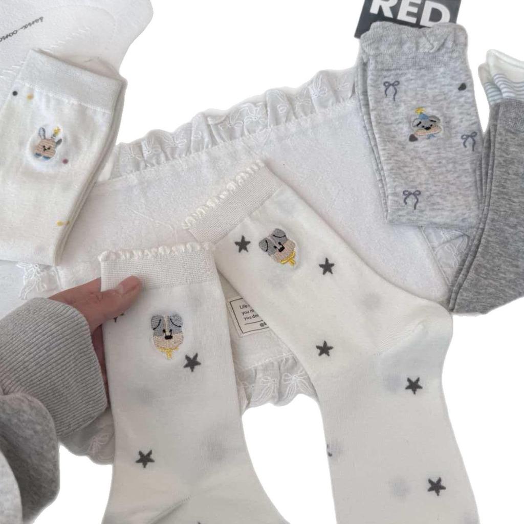 Spring Style White and Gray Women's Cotton Socks with Cartoon Puppy Embroidery, Mid-Calf Slouch Design, Korean-Inspired.