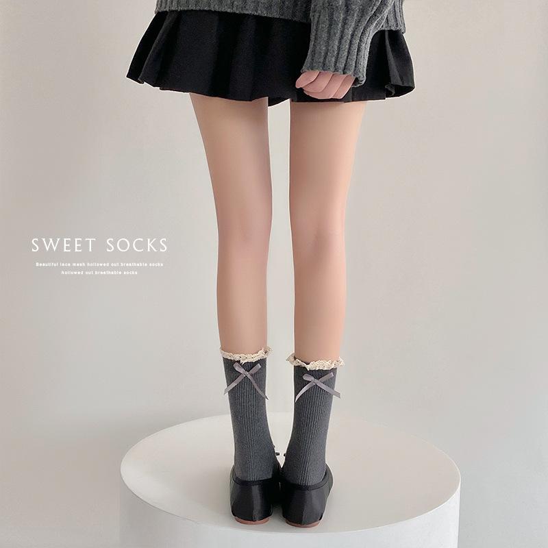 Кружевные носки, Милые гольфы до середины икры с лентами-бантами в стиле Лолита, Белые махровые длинные гольфы, Ретро