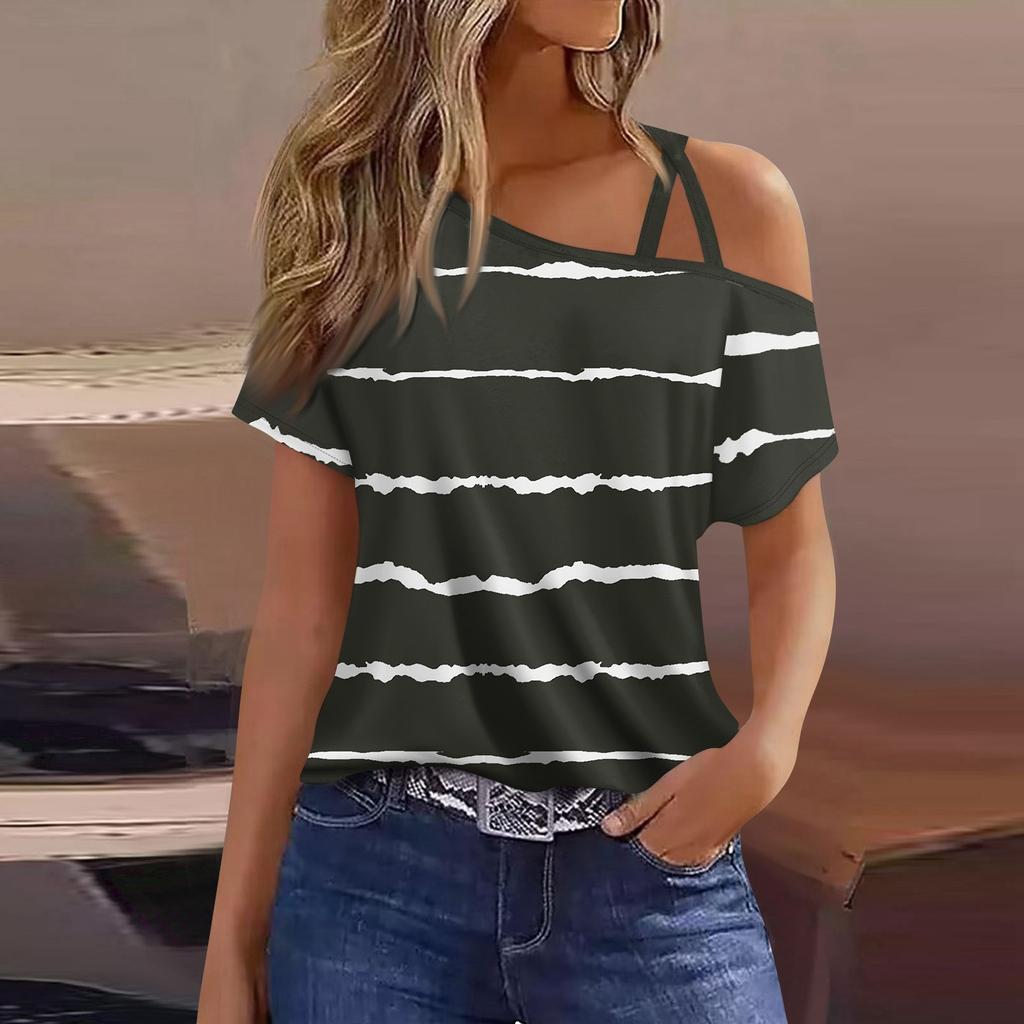 Women's Fashion Casual Print Sexy Cold Shoulder Short Sleeve T-shirt Top