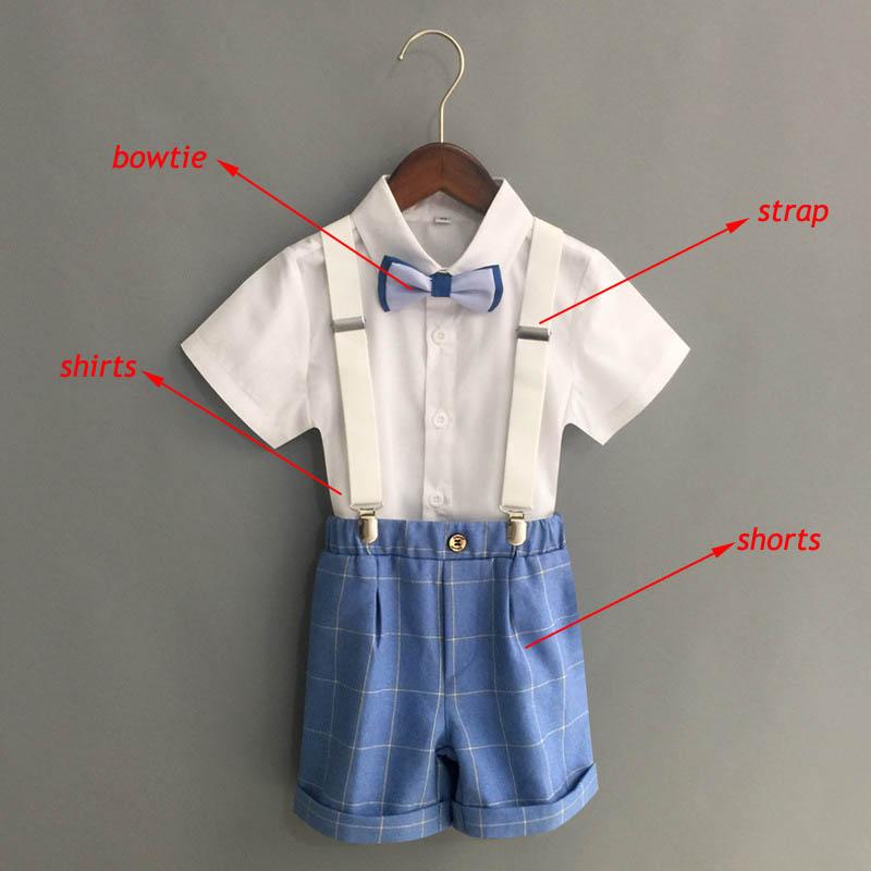 Summer Boys Strap Dress Suit Set New Children's Kindergarten Performance Piano Host Costume Kids Shirts Shorts Bowtie Clothing