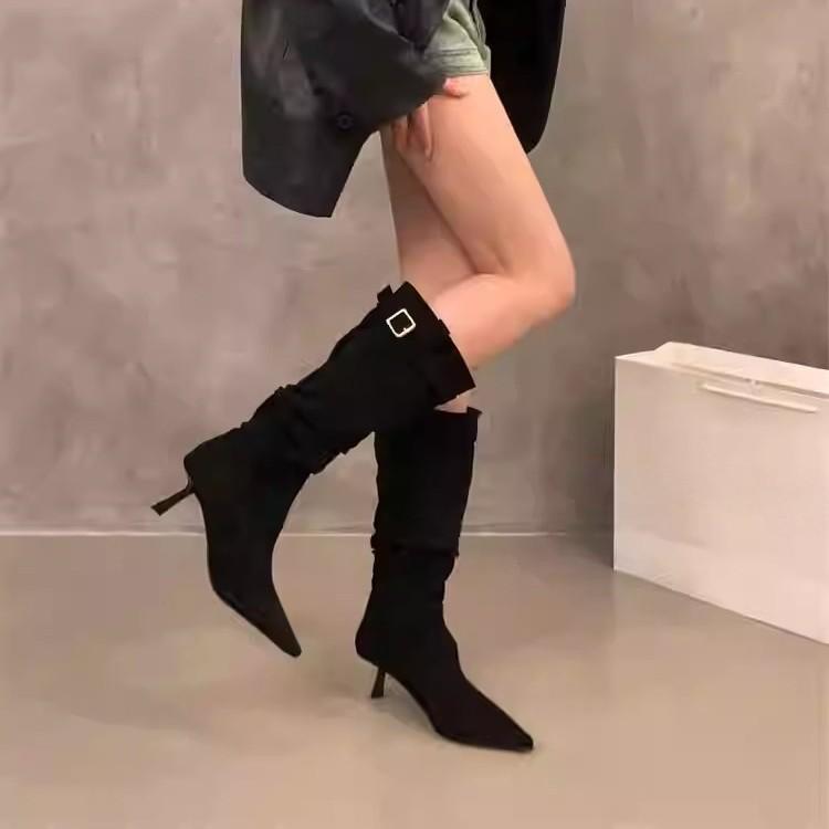 Pointed High Heel Khaki Skinny Boots Women's Shoes Summer Vintage Pile Boots Medium Barrel