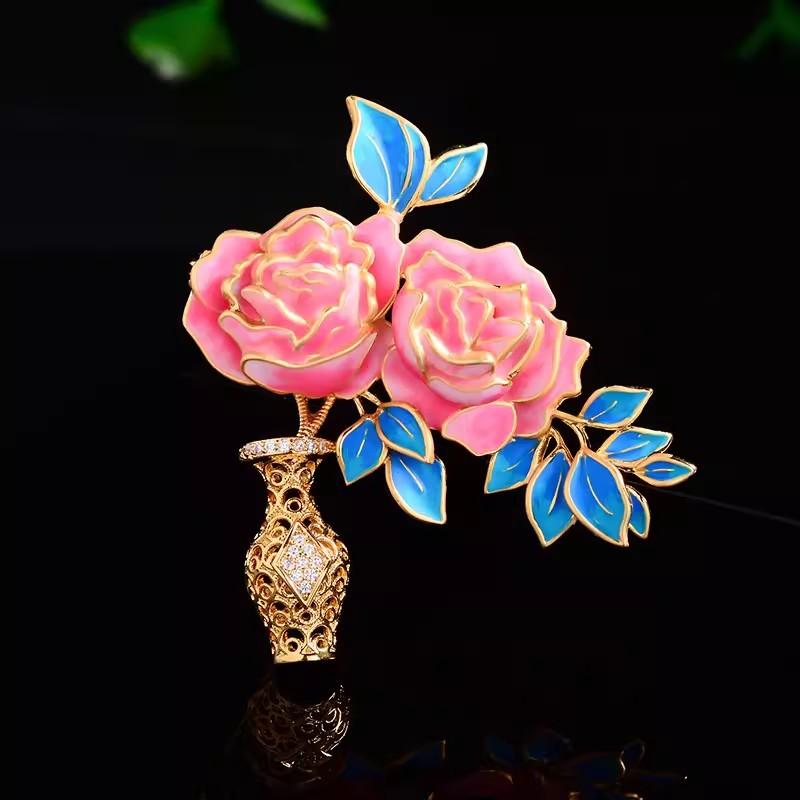 Chinese-style Peony Vase Brooch, High-end Women's Exquisite Enamel Brooch, Niche Design Sense Brooch