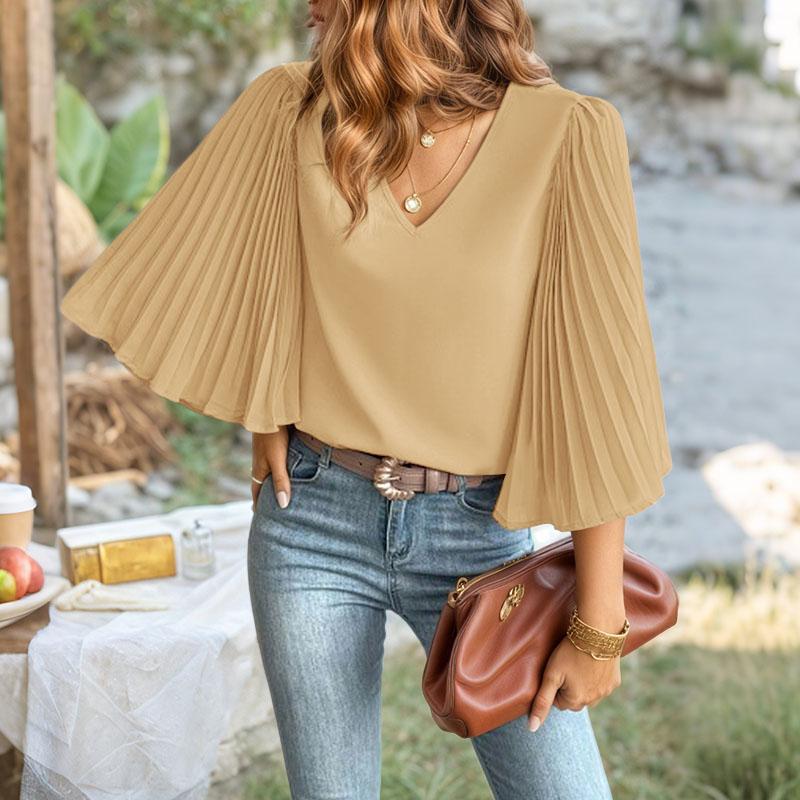 ZANZEA Women Casual V-Neck Pleated 3/4 Sleeve Loose Blouse