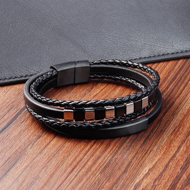 Men's Black Leather Bracelet Double Layer Rope Simple Stainless Steel Braided Handmade Wristband Outdoor Jewelry Accessories