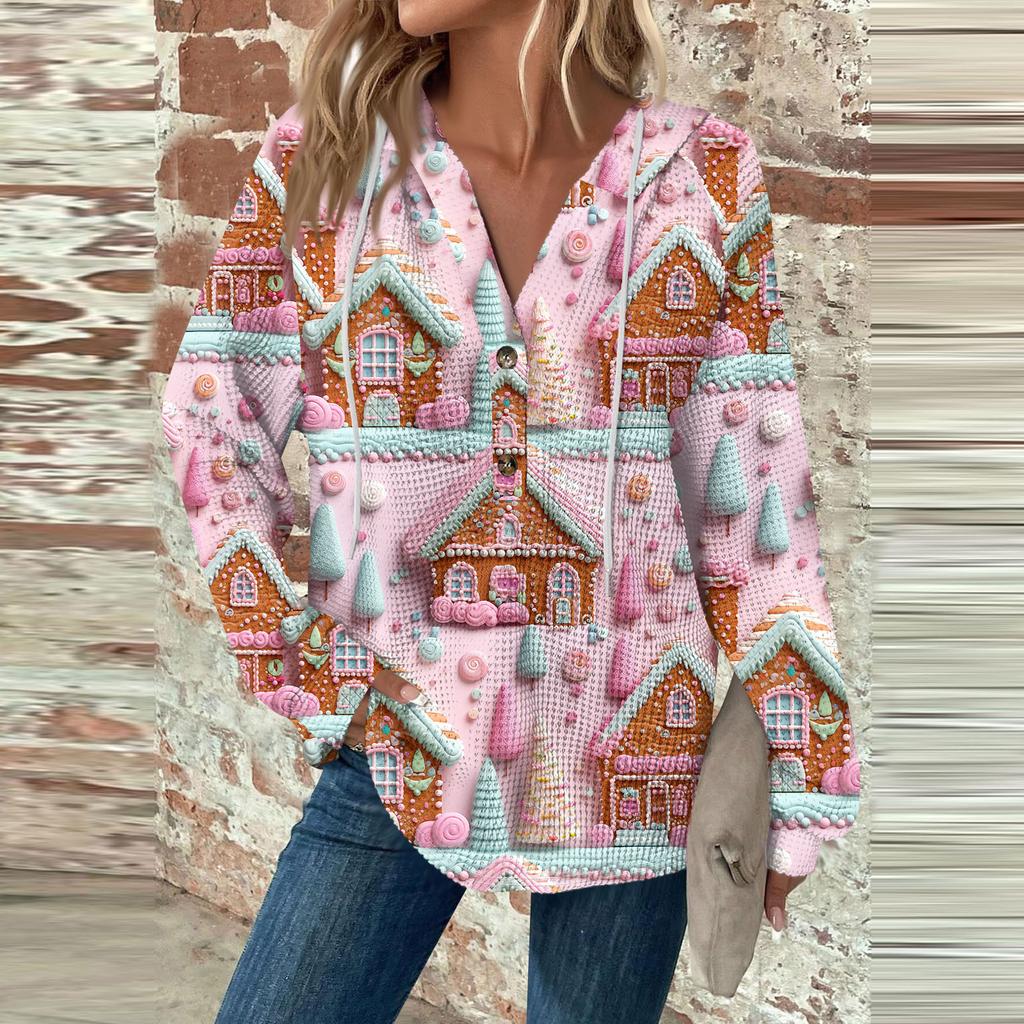 Женская мода с длинным рукавом, завязками на шнурке, капюшоном, пуговицами, V-образным вырезом, повседневная толстовка с капюшоном и рождественским принтом