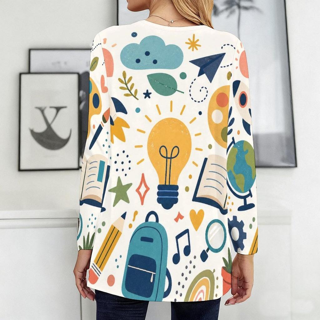 Women Plus Size Round Neck Long Sleeve Cartoon Excavator Printed Loose Longline T Shirt With Pockets