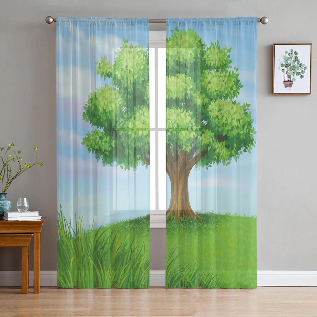 Tree Meadow Summer Tulle Curtains for Living Room Bedroom Sheer Curtain for Balcony Hall Fashion Printed Home Drapes