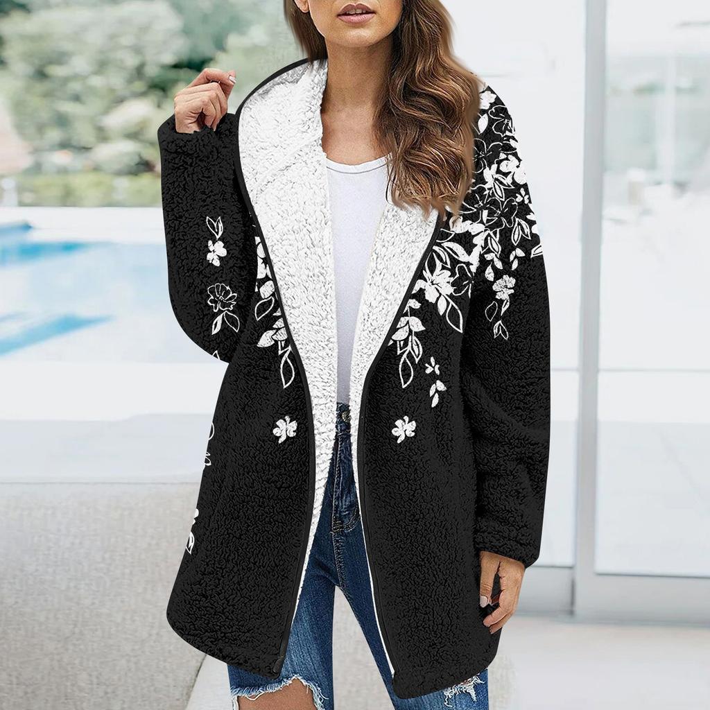 Женская модная зимняя плюшевая куртка с цветочным принтом и длинными рукавами