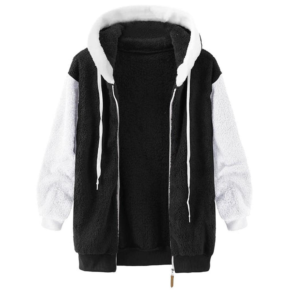 Женская свободная плюшевая куртка большого размера с разноцветными панелями на молнии с капюшоном