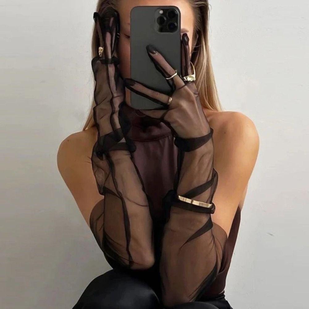 Stretchy Tulle Gloves Ultra Thin Wedding Bride Gloves Fashion Long Sheer Gloves Party Dress