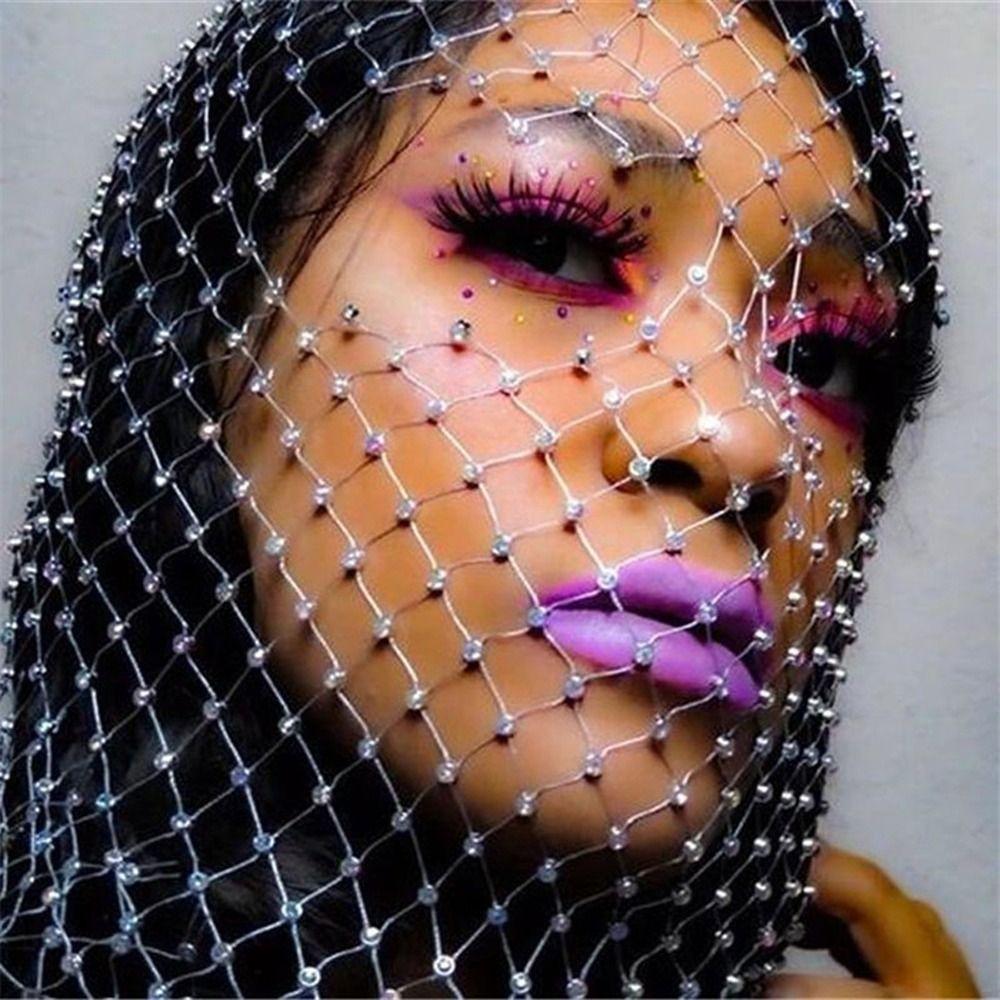 Mask Turban Hat Zircon  Headwrap Rhinestone Mesh Veil Fishnet Headhood Crystal Head Mask