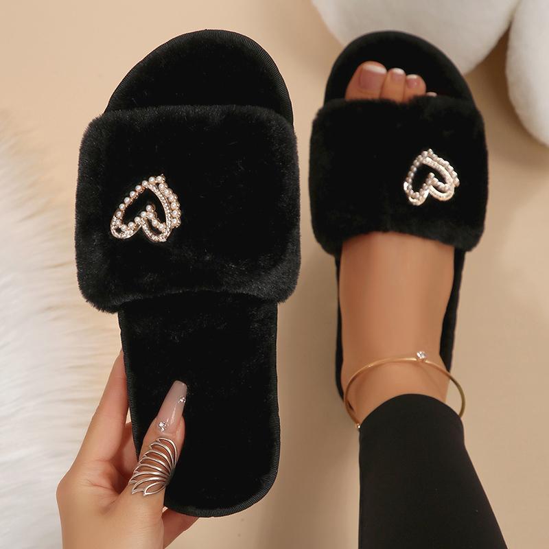 Fashion Crystal Butterfly Decor Fur Slippers for Women Cozy Flat Heels Plush Indoor Slippers Woman Open Toe Non Slip Fluffy House Shoes