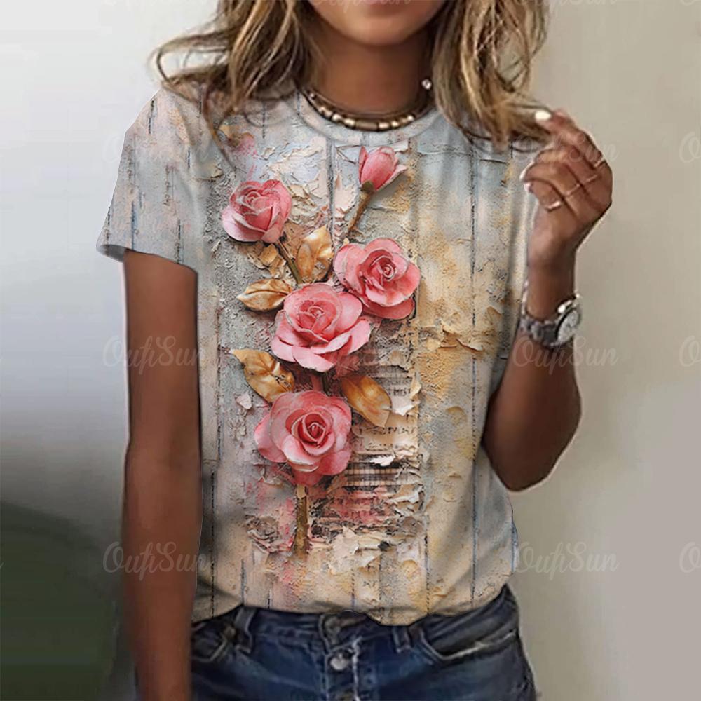 Vintage Women's T-shirts Three-Dimensional Rose Pattern Short Sleeves T Shirt Top Summer Y2K Women Clothing Crew Neck Pullover