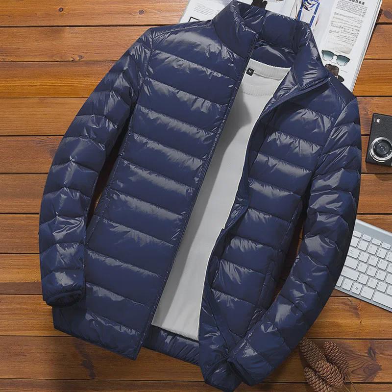 2023 Мужская облегающая легкая зимняя куртка из хлопкового пуха с воротником-стойкой
