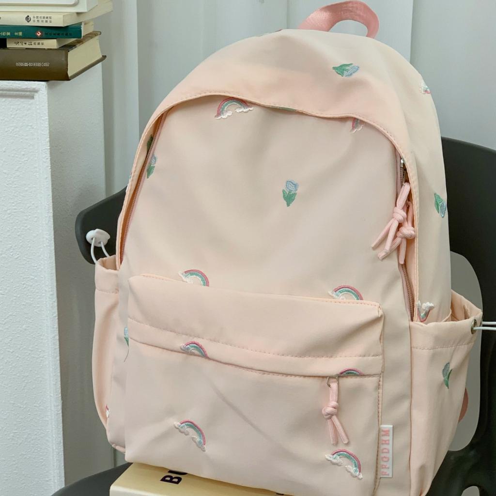 Schoolbag new cute rainbow embroidery schoolbag for primary school students, high value ins niche backpack, simple and lightweight double