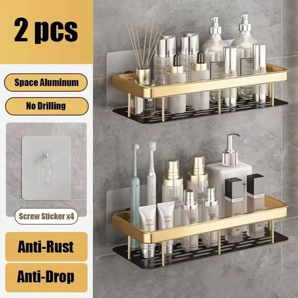 Kitchen Storage Bathroom Shelves Organizer Aluminum Alloy Shower Shelf  Accessories Shampoo Rack Multi-scenario No Drill Shelf