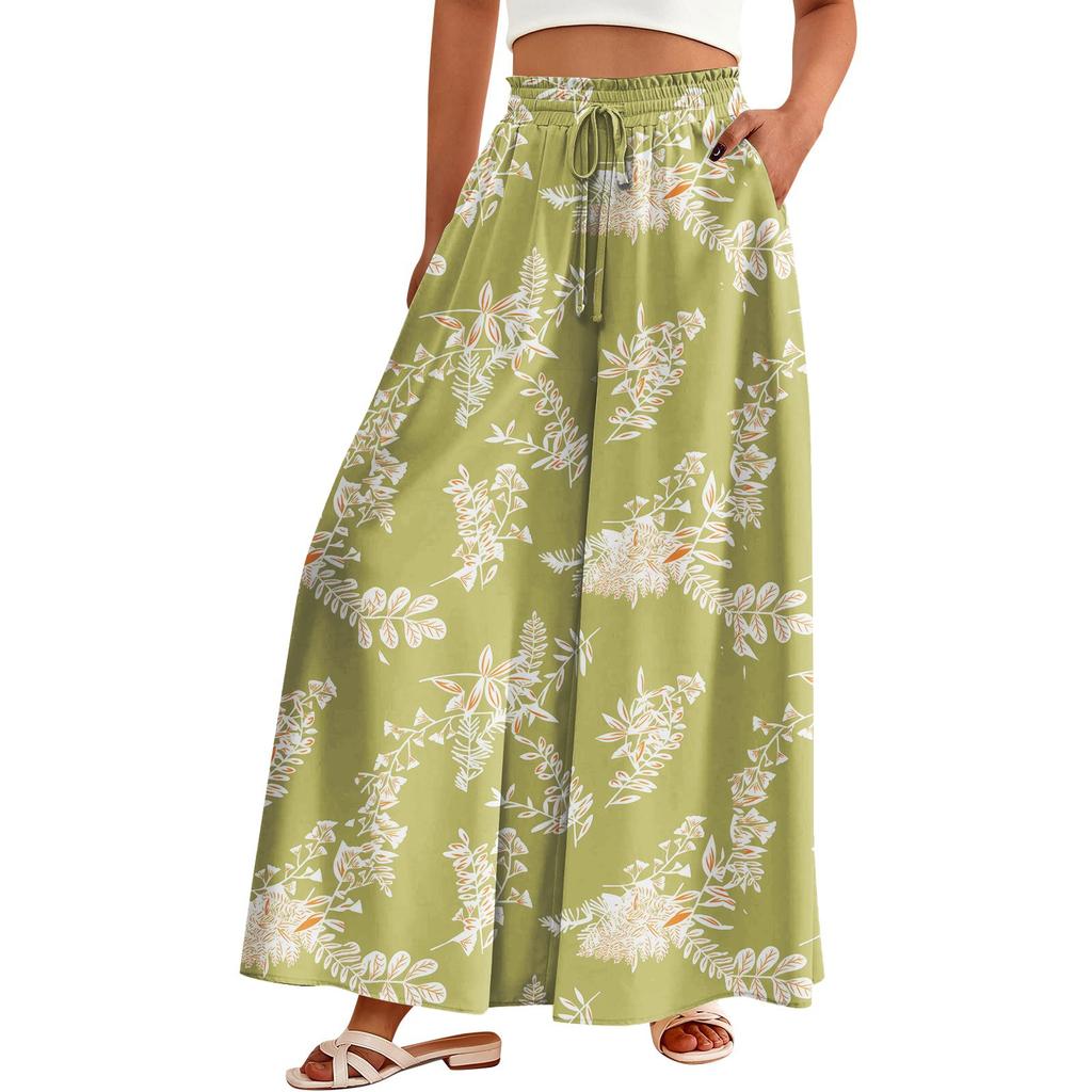 Women's Palazzo Pants Boho Floral Wide Leg Trousers Summer Beach High Waisted Flowy Pants With Pockets