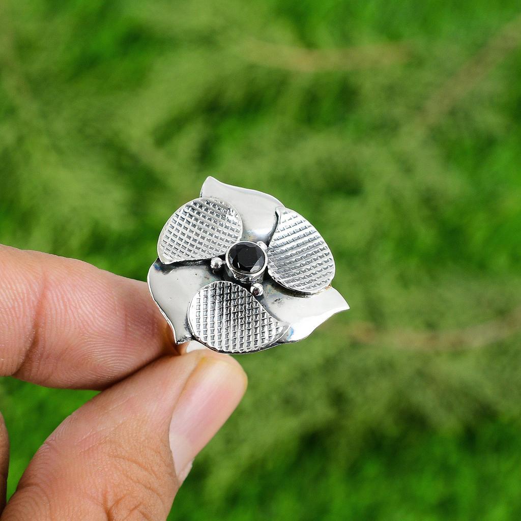 Natural Black Onyx Flower Promise Stackable Root Chakra Bezel Ring 925 Silver