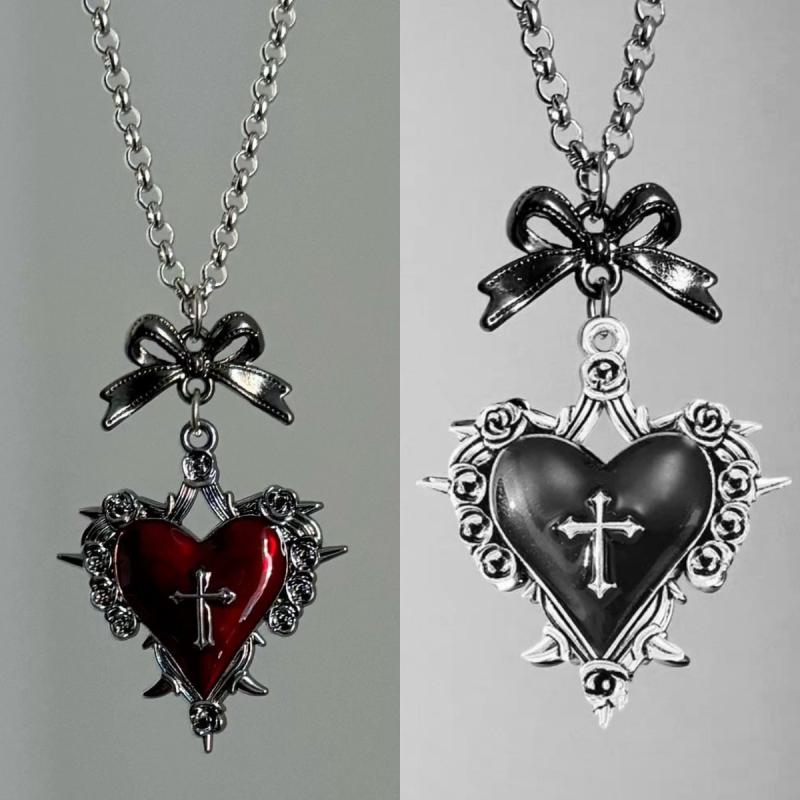 Y2K Bow Cross Heart Necklace For Girls Gothic Jewelry Vintage Accessories Rose Goth Collares Chain For Women Man Punk Necklace