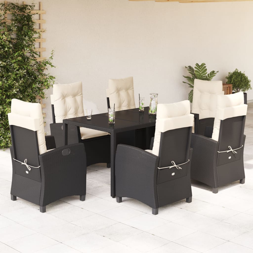 7 Piece Garden Dining Set with Cushions Black Poly Rattan