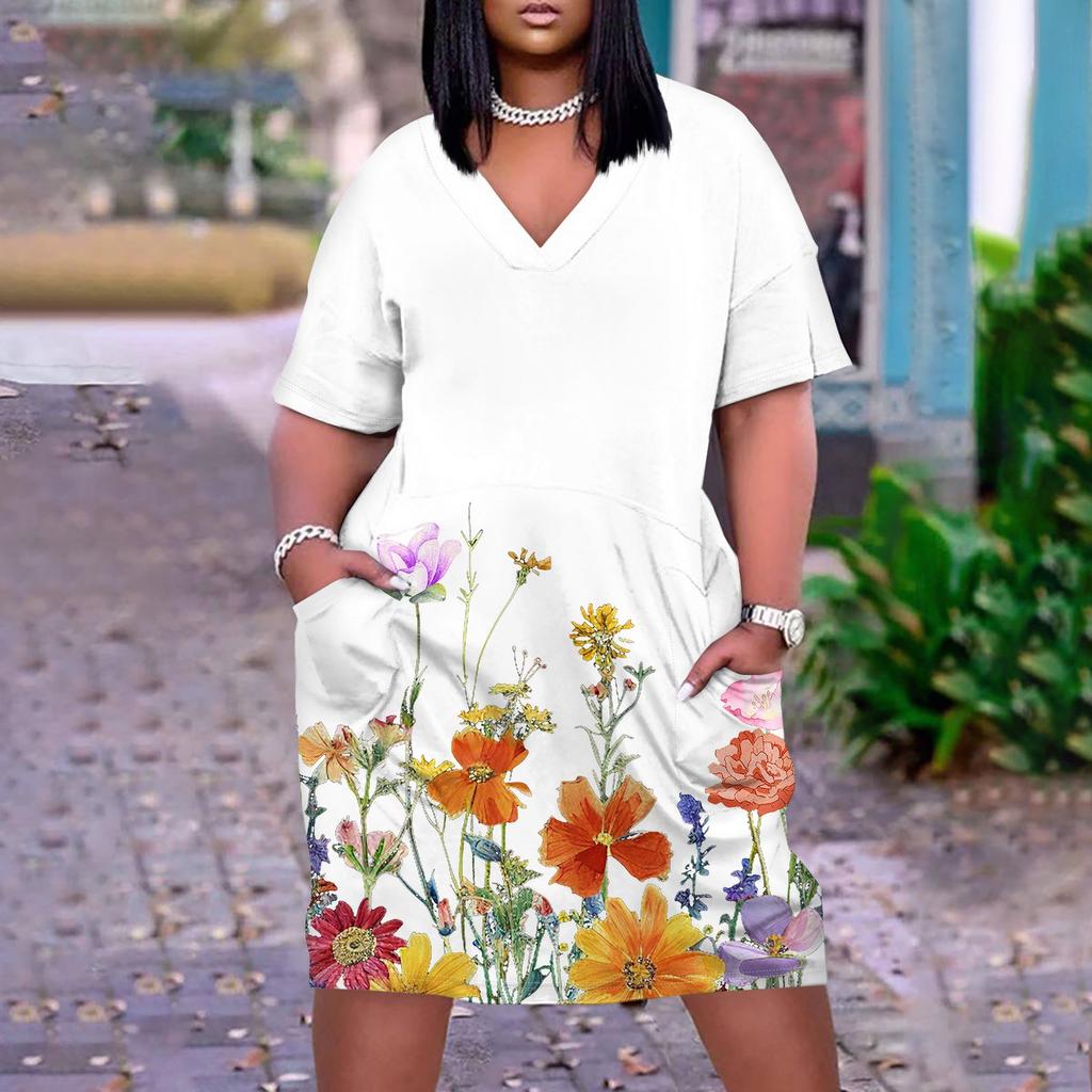 Большое платье, женское летнее платье с v-образным вырезом, платье с короткими рукавами и принтом, с карманами