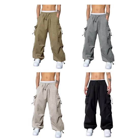 Men Casual Cargo Pants Hip Hop Baggy Trousers with Pockets Low-Rise Elastic Waist Drawstring Loose Pants for Spring Autumn Street Travel