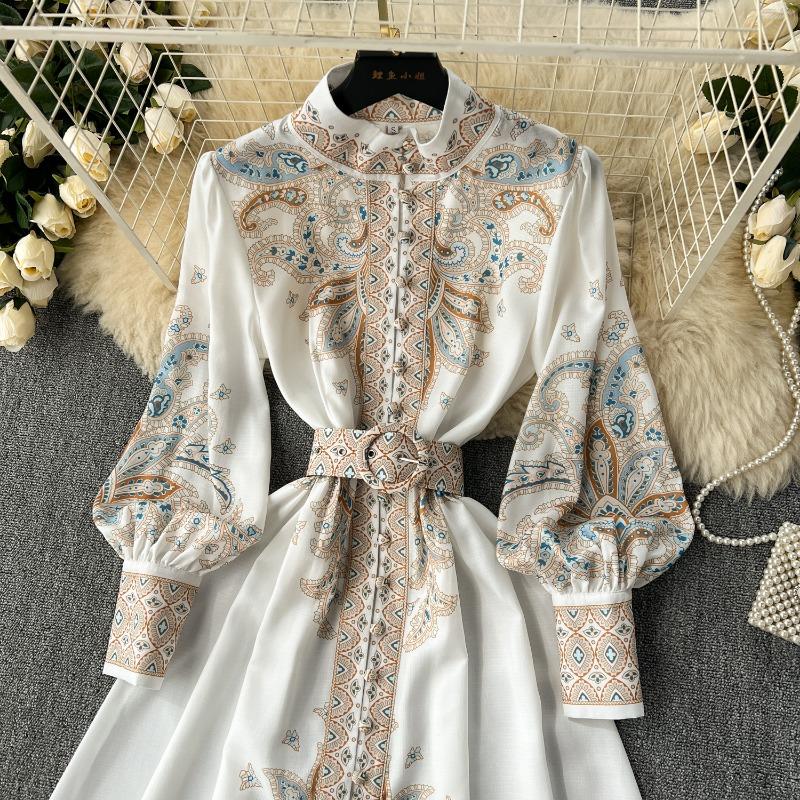 Hikigawa Chic Fashion Women Elegant Stand Collar Belted Slim Waist Dresses Vintage Single Breasted Print Vestidos Mujer