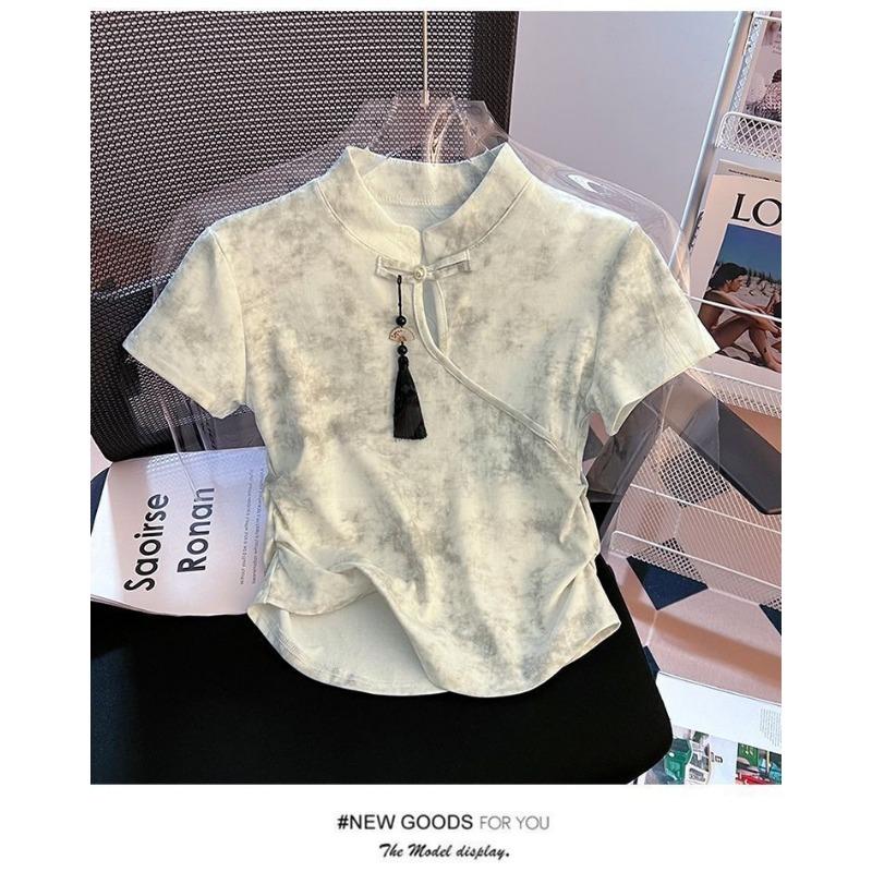 Женская футболка в стиле чонсам с tie-dye, воротник-стойка, короткий рукав, повседневный приталенный топ с кисточкой