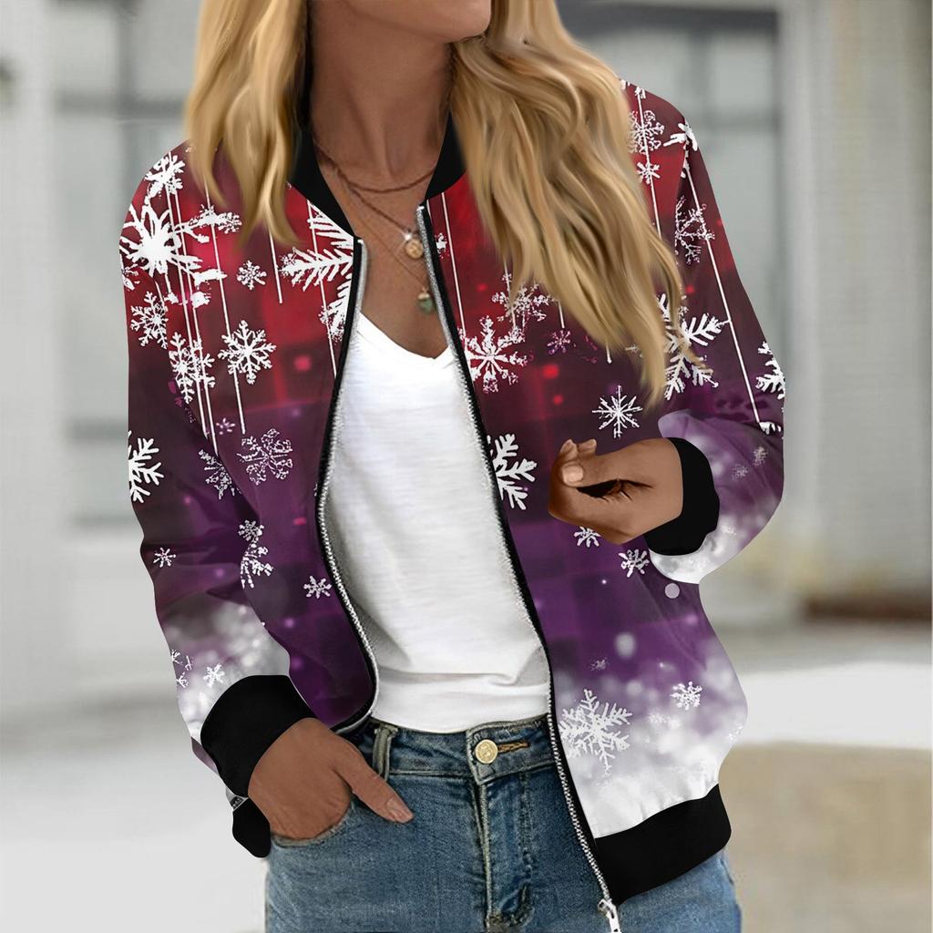 Куртки женские с длинным рукавом, легкие, на молнии, укороченные, модные, с рождественским принтом, верхняя одежда, повседневные, стеганые куртки с карманами