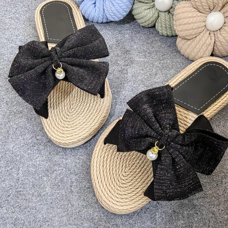 Flat Womens Pearl Faux Bow Slides Fashionable Open Toe Non Slip Shoes Casual Summer Outdoor Slides