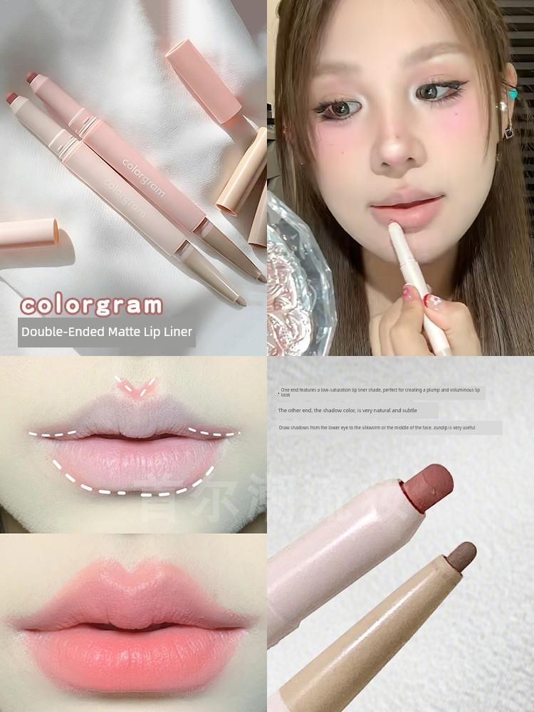 Korean Colorgram Double-Ended Lip Liner and Lip Plumping Lipstick Pen, Shadow Lip Plumping, Waterproof, Long-Lasting, Smooth, Non-Caking