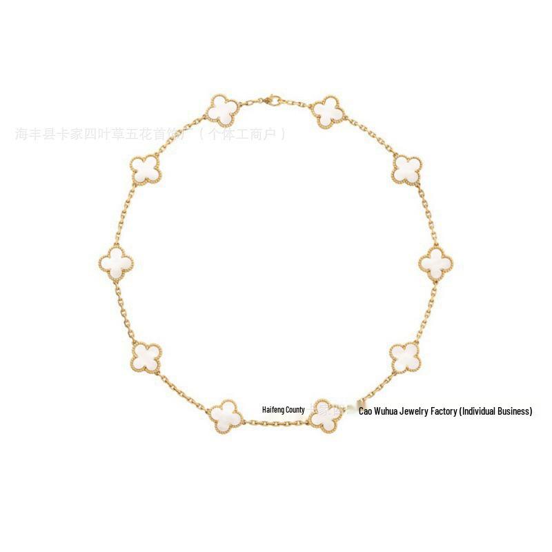 Premium 18K Gold CNC Four-Leaf Clover Necklace with Chalcedony & Mother-of-Pearl Inlays for Women