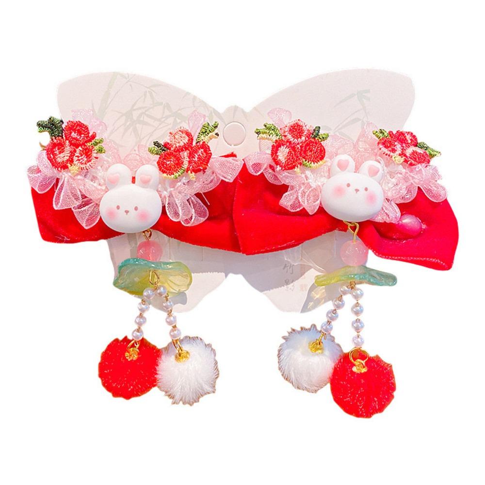 Bowknot Plush Fringe Hairpin Rabbit Chinese Style Barrettes Children's New Year Hair Clip Girls