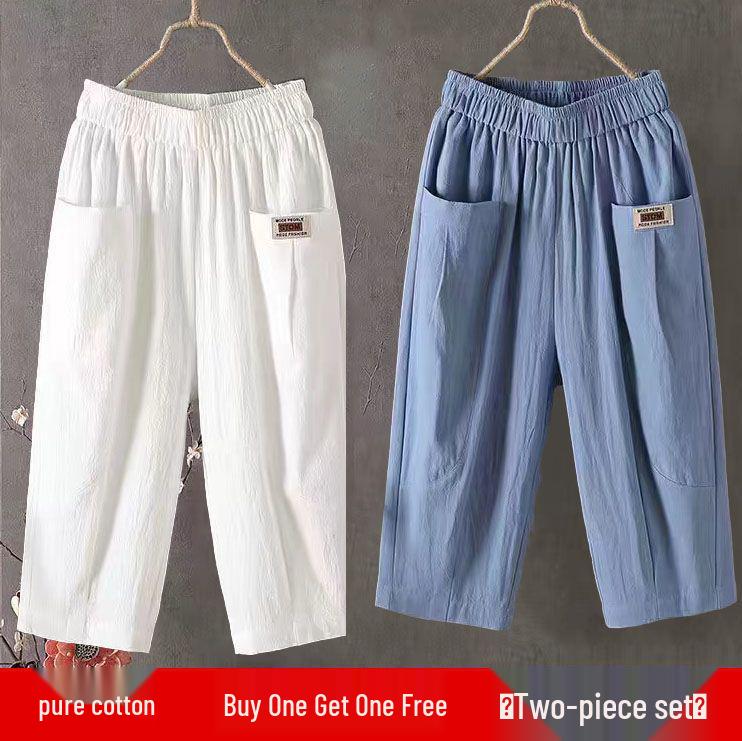 Женские летние укороченные брюки из хлопка и льна - Свободные, Эластичная талия, Большой размер, Узкие гаремы, Универсальные повседневные брюки